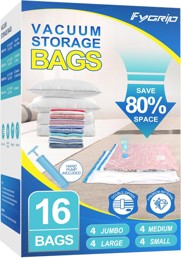 16 Combo Vacuum Storage Bags with Hand Pump, 4 Jumbo + 4 Large + 4 Medium + 4 Small Plastic Packaging Bags, 80% Space Saver Vacuum Seal Bags