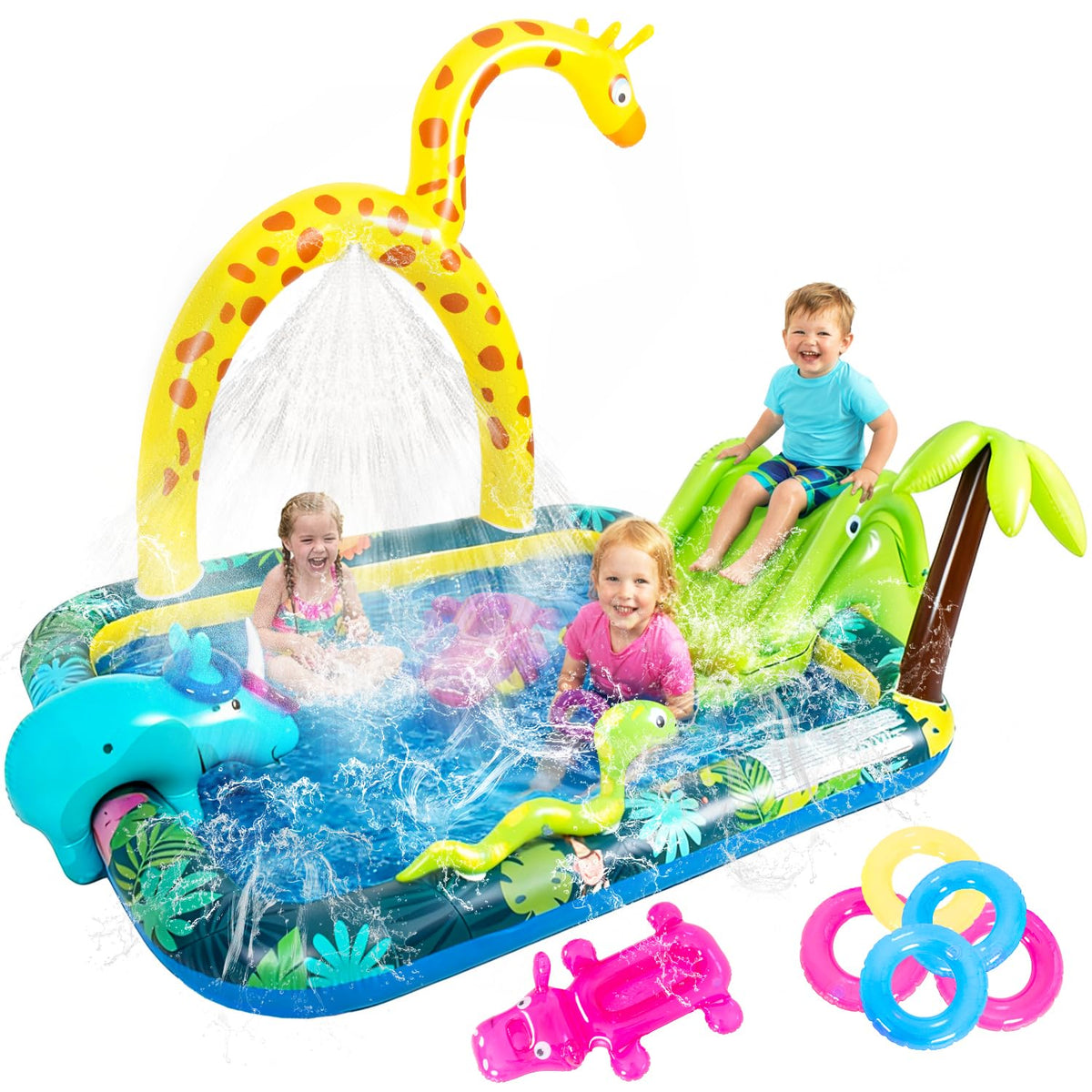 Inflatable Jungle Animal Play Center, Inflatable Water Park Kiddie Pool with Slide, Water Sprayer for Summer Outdoor Splash, Backyard and Garden 102.5" x75" x 54.5"