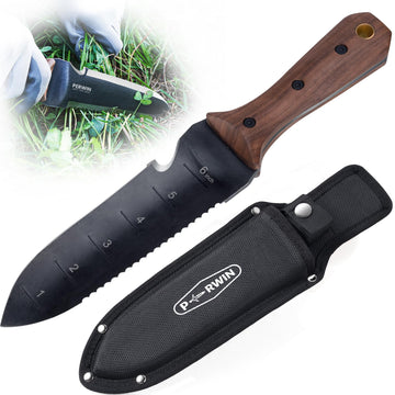 PERWIN Hori Hori Garden Knife, Garden Tools with Sheath for Weeding, Planting, Digging, 7" Stainless Steel Blade with Cutting Edge