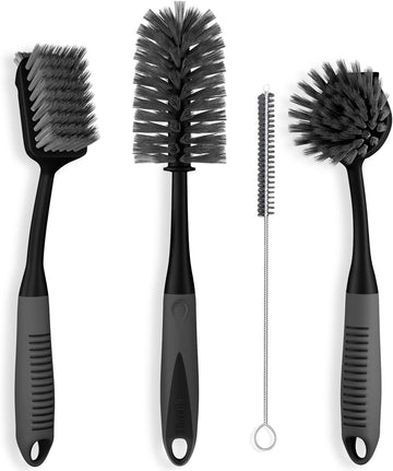Dish Brush Set of 4 - Kitchen Scrub Brushes with Non-Slip Long Handle for Cleaning, Scrubber, Dishwashing, Dishes, Bottles, Straws, Cups