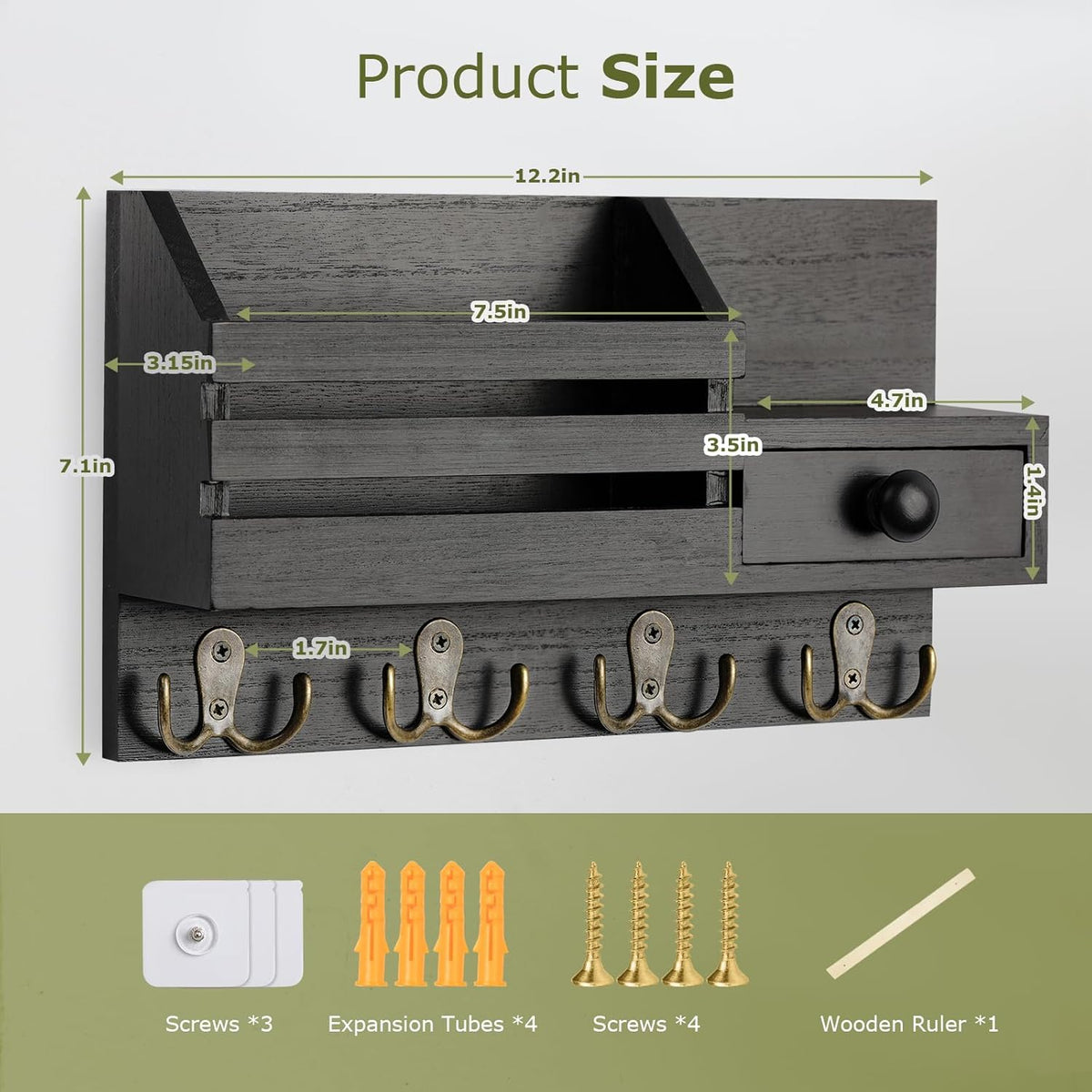 Key Holder Wall Mount, Wooden Adhesive Mail and Key Organizer with Drawer, Small Shelf, 8 Hooks, 2 Installation Methods, Black
