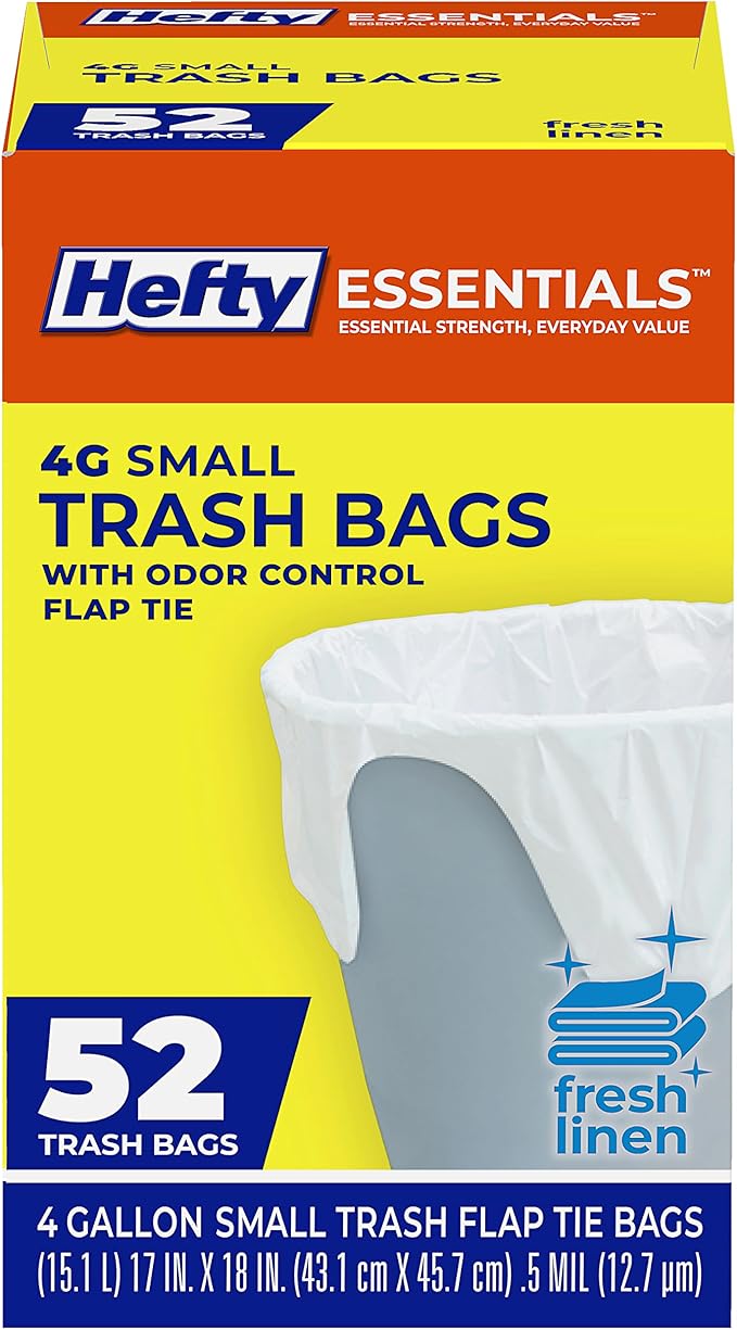 Hefty Essentials Flap Tie 4 Gallon Trash Bags, 52 Count, Small Scented Trash Bags for Bathrooms, Bedrooms, Dorm Rooms, Home Offices, and More, Fresh Linen Scent, White