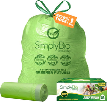 Simply Bio 13 Gallon Compostable Trash Bags Liners Drawstring, Heavy Duty Extra Thick 1 Mil, 49.21 Liter, 30 Bags, Tall Kitchen Food Scrap Waste Bag