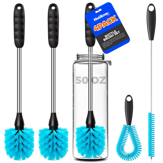 Holikme 4 Pack Bottle Brush Set, 14.5" Long Handle Stainless Steel Bottle Cleaner Brush, Long-Handled 4-in-1 Stainless Steel Bottle Brushes for Water Bottle, Cups, Abrasive Wheel Brushes, Blue