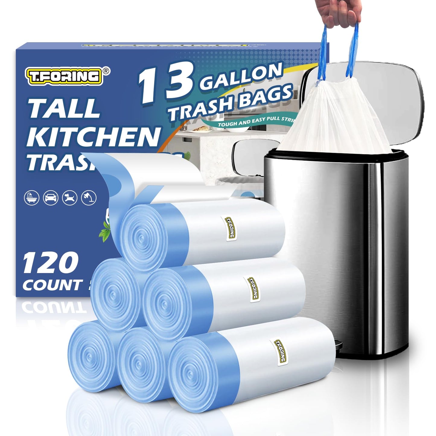 13 Gallon Trash Bags Drawstring 120 Count, 1.7 Mil Thick White Garbage Bags, Easy-Dispense Roll for Kitchen & Household Use, Resists Tears, Leaks and Punctures