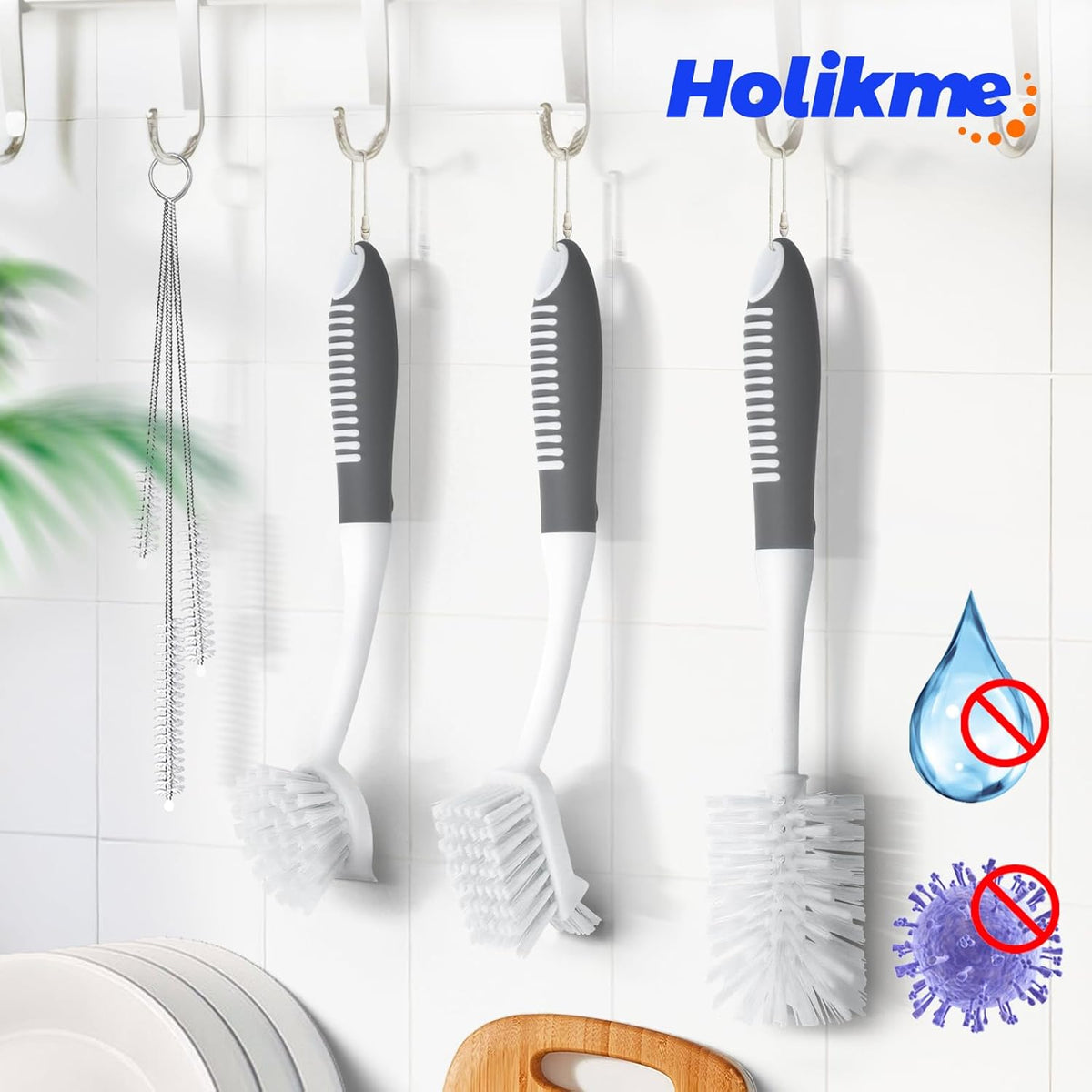 Holikme 6 Pack Dish Brush Set with Bottle Brush, Dish Scrub Brush, Pan Brush and 3 Straw Brushes, Deep Cleaning Handle Brush with Scraper Tip