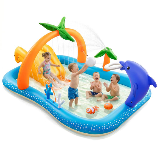 Kiddie Pool with Slide & Sprinkler, Inflatable Play Center, 95"x75"x40" Outdoor Blow-Up Splash Pad Pools for Toddlers Ages 2+, Water Game Play Center Backyard Kids Water Slide for Summer Fun