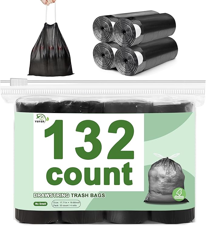 132 Count Small Trash Bags, 4 Gallon Drawstring Garbage Bags, Bathroom Wastebasket Liners, Tear-Free Plastic Bags for Toilet Home Office and Bedroom (Black)