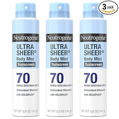 Neutrogena Ultra Sheer Body Mist Sunscreen Spray, Broad Spectrum SPF 70, Lightweight Spray Sunscreen, Non-Greasy & Water Resistant, Oil-Free & Non-Comedogenic UVA/UVB, 5 oz, Pack of 3
