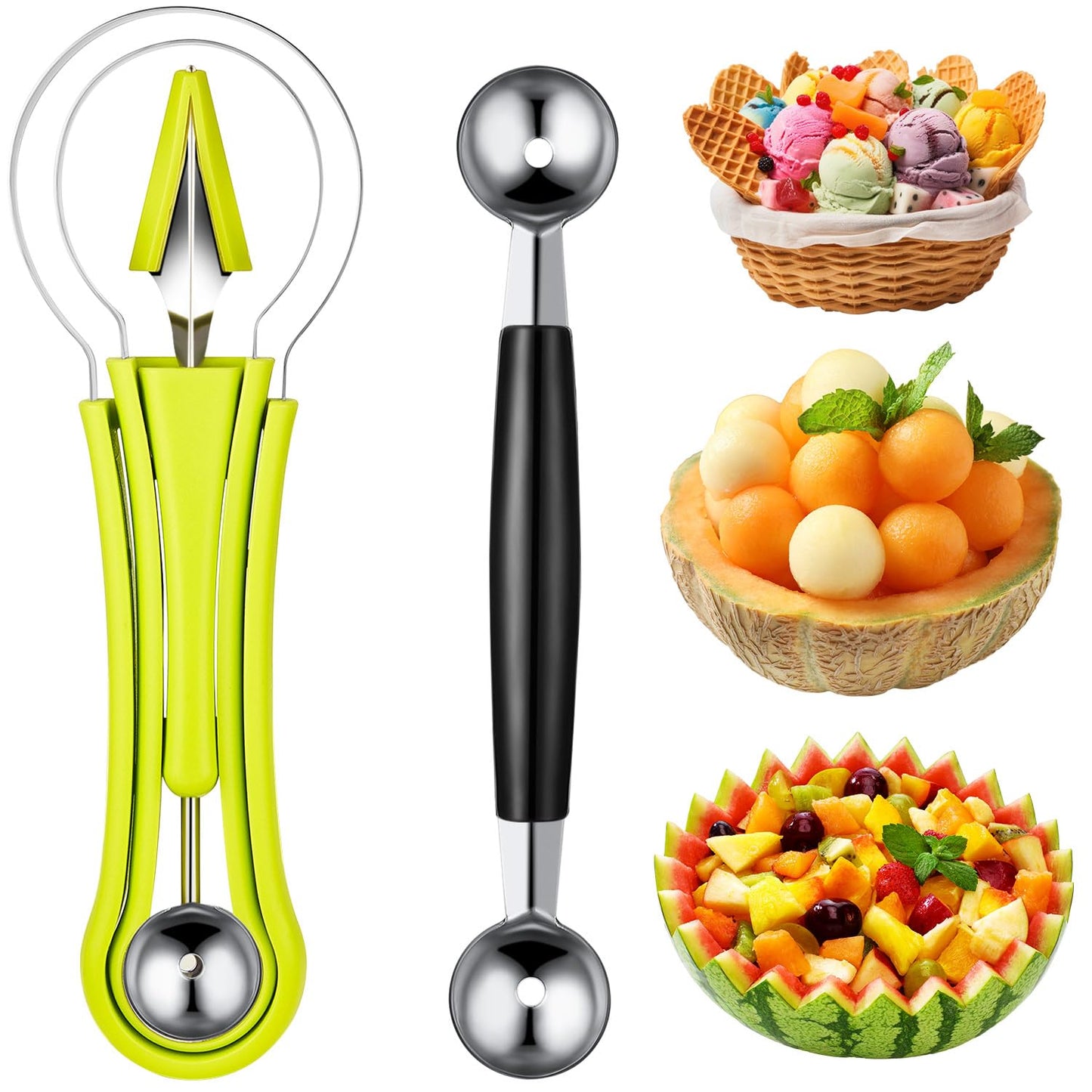 Patelai 2 Pcs Melon Baller Scoop Set 4 in 1 Stainless Steel Fruit Cutters Double Ended Headed Watermelon Scooper and Ice Cream Baller for Dig Pulp Separator Fruit Slicer