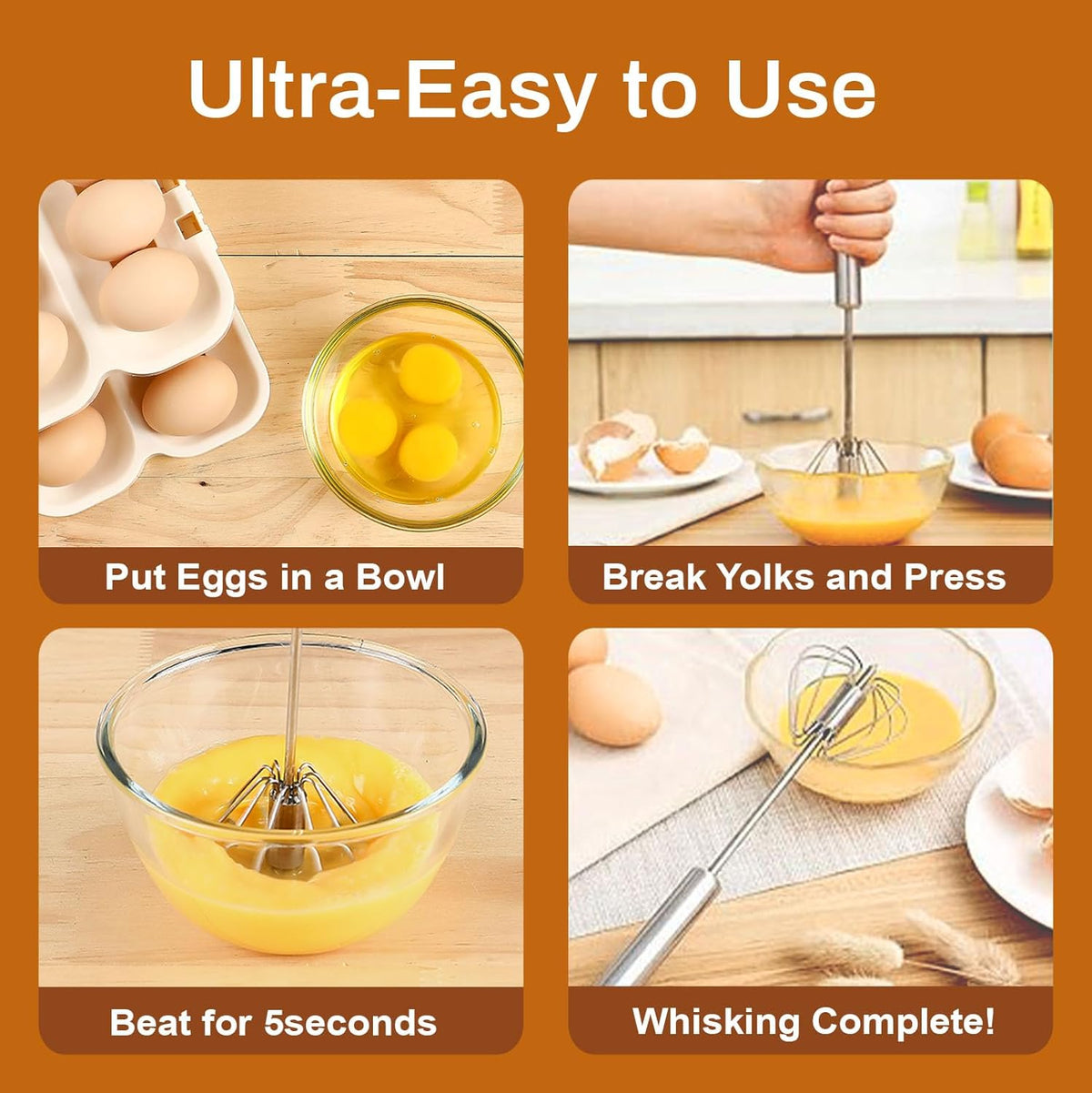 Stainless Steel Semi-Automatic Whisk, 2024 New Stainless Steel Egg Whisk Hand Push Rotary Whisk Blender, Hand Push Mixer Stirrer Tool for Cooking Kitchen Home Egg Milk (10in)