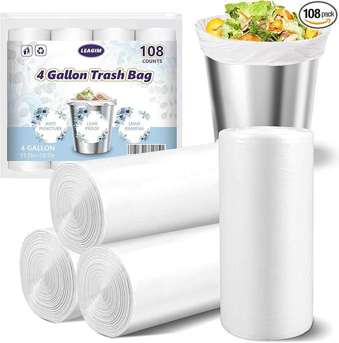 Small Trash Bags 4 Gallon - 108 Count Leakage-Proof 4 Gallon Trash Bag, Small Garbage Bags for Office Bedroom Bathroom Mini Trash Bags, Unscented White 15L Small Trash Can Liners
