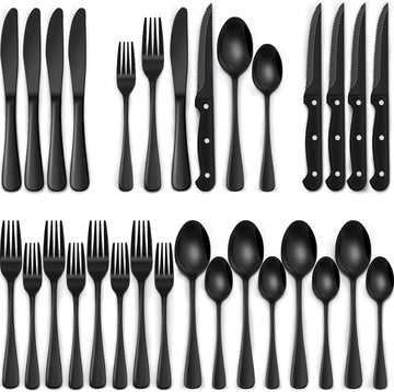 EWFEN 24-Piece Black Silverware Set with Steak Knives, Black Flatware Set for 4, Food-Grade Stainless Steel Tableware Cutlery Set