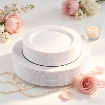 FLOWERCAT 60PCS White Plastic Plates - Heavy Duty White Disposable Plates for Mother's Day/Birthday Party/Wedding -serve