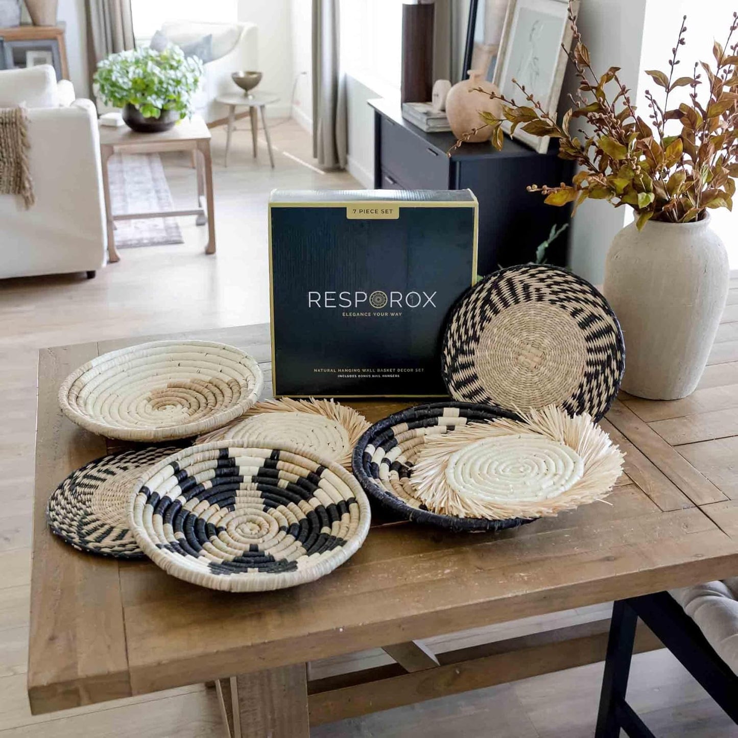 Hanging Woven Wall Basket Set - 7 Unique Handcrafted Seagrass Baskets for Boho, Farmhouse & Rustic Wall Decor, Table Settings & More - Ready to Hang with Nails & Marking Pencil Included