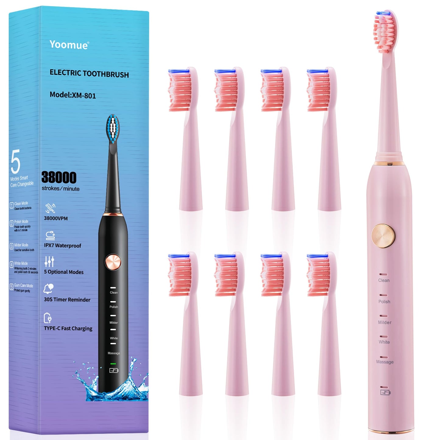 Sonic Electric Toothbrush for Adults & Kids - 5 High-Performance Modes, 8 Replacement Heads, 2.5-Hour Fast Charge, Built-in Smart 2-Minute Timer, IPX7 Waterproof, 35 Day Battery Life - Pink
