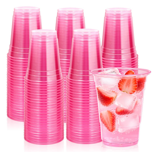 KesaPlan 100 Pack Pink Plastic Party Cups, 16 oz Disposable Wine Glasses, Pink Clear Drinking Cup for Cocktail, Disposable Cups for Birthday Wedding Valentine's Galentine's Day Bachelorette Party