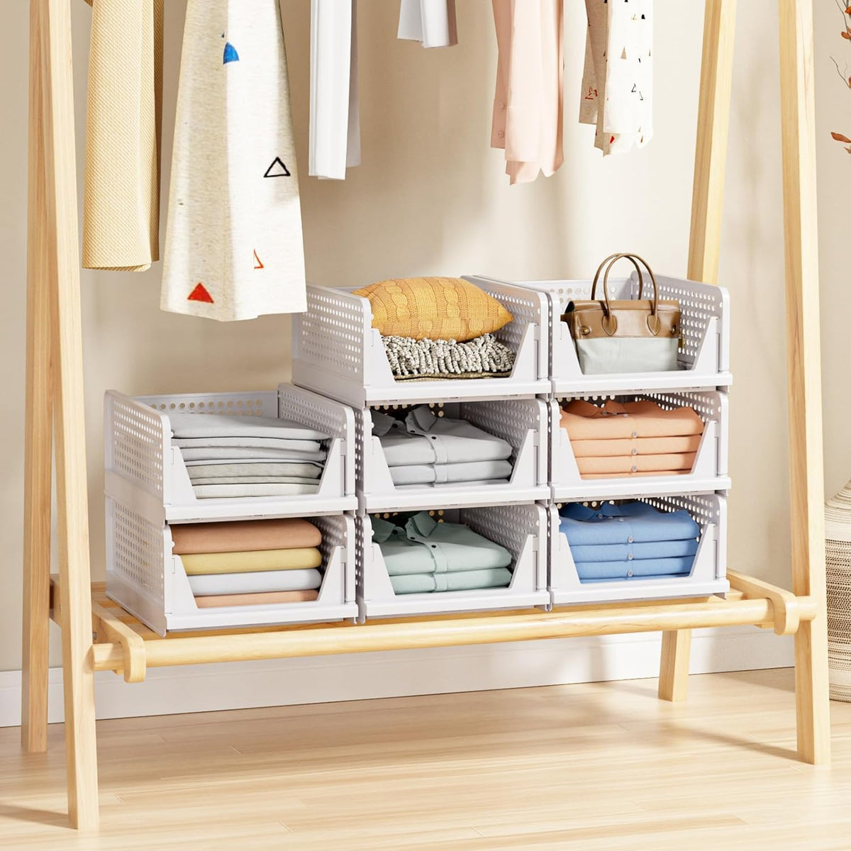 5 Pack Stackable Closet Storage Basket - Stackable Storage Bins, Multifunctional & Foldable Closet Organizer Waterproof, Wardrobe Cupboard Space-Saving Hat Storage Drawer Organizer, White