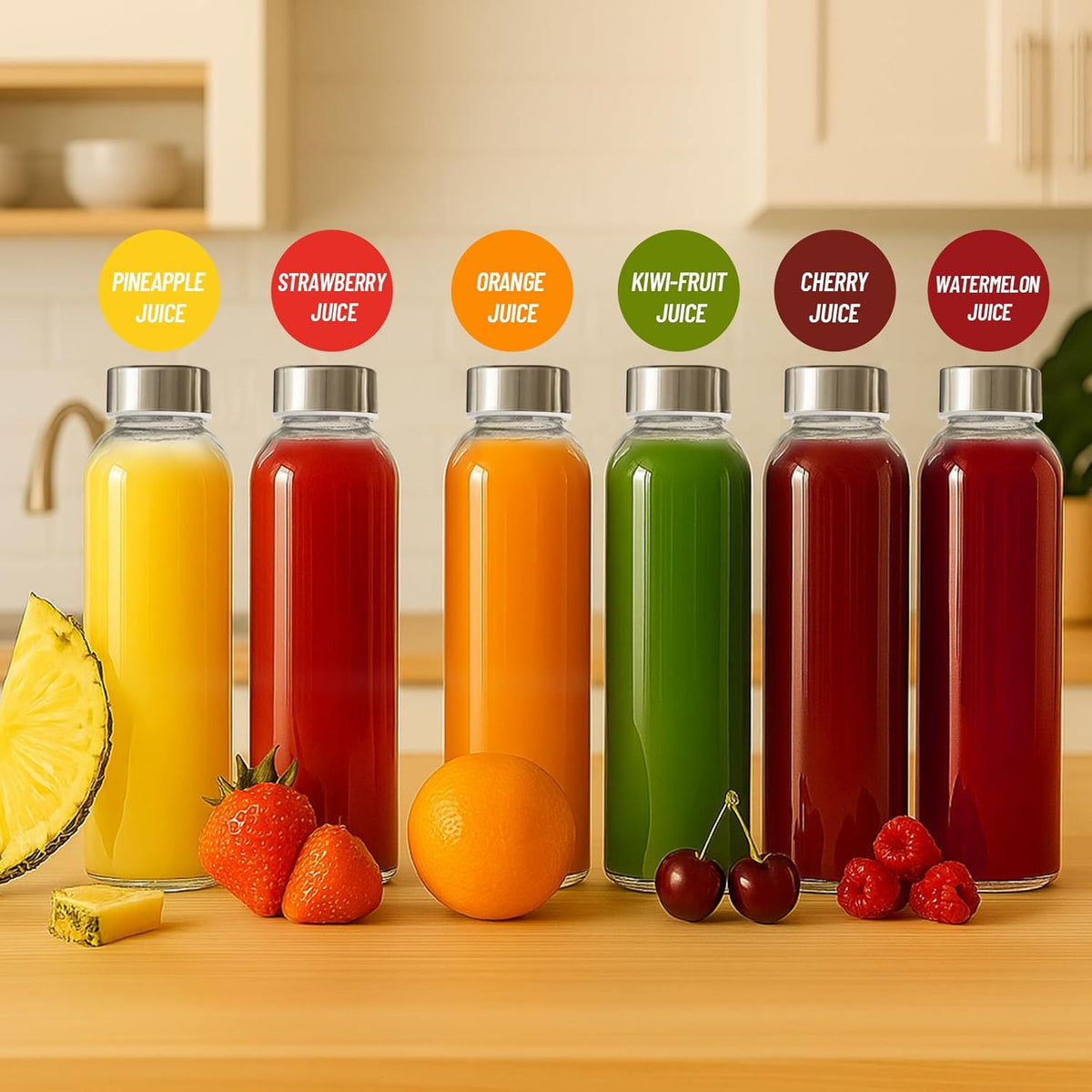 Clear Glass Bottles with Lids 18 oz, Reusable Glass Water Bottles with Stainless Steel Cap for Refrigerator, Juicing, 100% Leak Proof, BPA Free, Juice Bottle Drinking Jar Containers Set of 6
