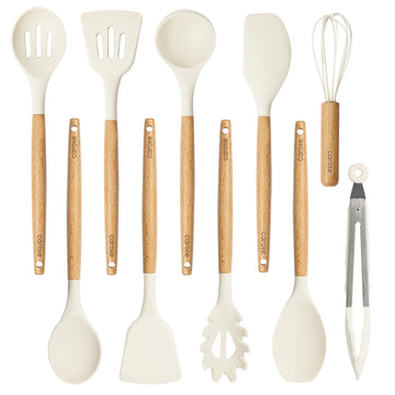 CAROTE Silicone Cooking Utensils Set, Kitchen Utensils Set 10 Pcs for cooking, BPA Free Spatula Set with Heat Resistant Wood Handles