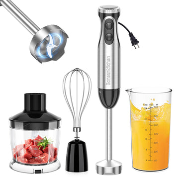 Bonsenkitchen Immersion Blender Handheld with Food Processor, 20 Speeds Hand Blender with Turbo Mode, Stainless Steel Blade, Egg Whisk