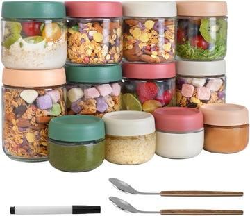 12Pack Overnight Oats Containers with Lids, 16oz, 8oz & 4oz Glass Jars with Airtight Lids, Wide mouth Mason Salad jars