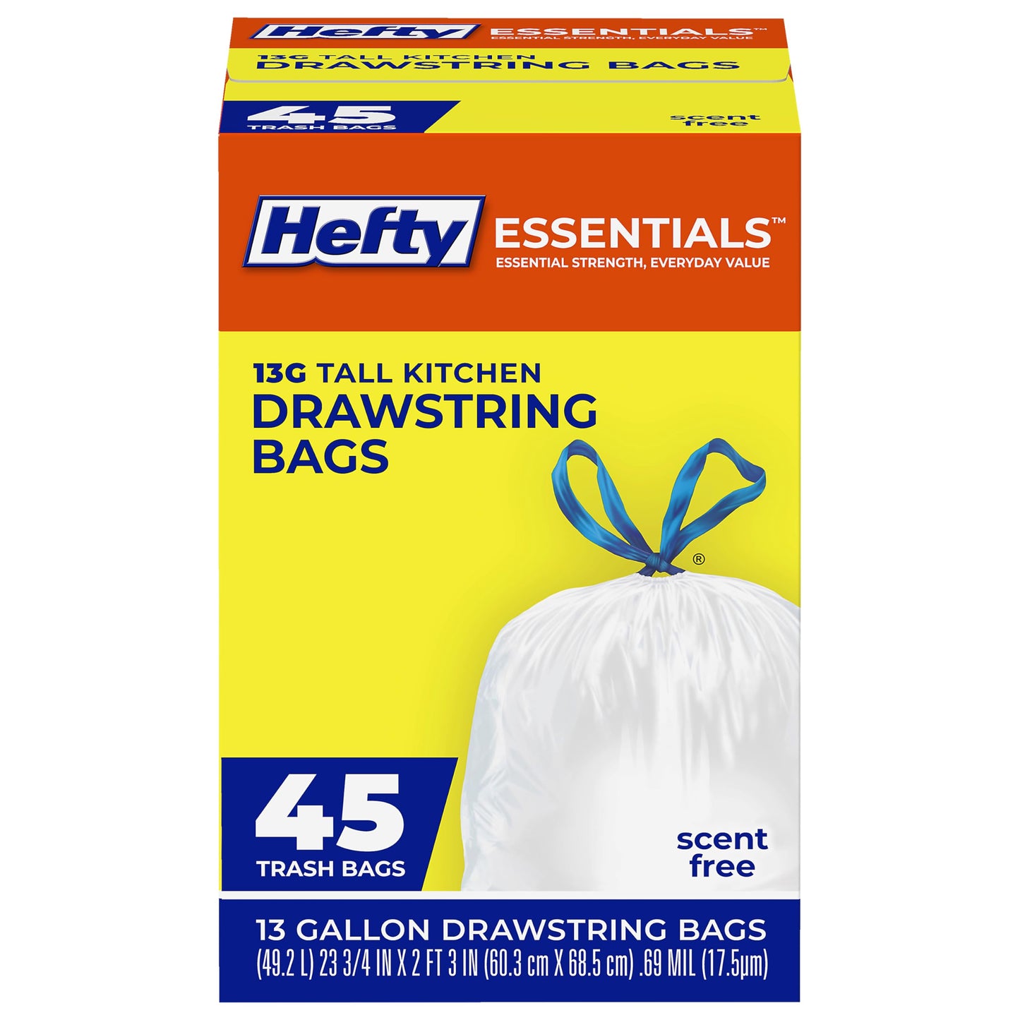 Hefty Essentials Drawstring 13 Gallon Kitchen Trash Bags, 45 Count, Tall Unscented Trash Bags for Kitchens, Home Offices, or Laundry Rooms, Easy to Tie, Lift, and Carry, White