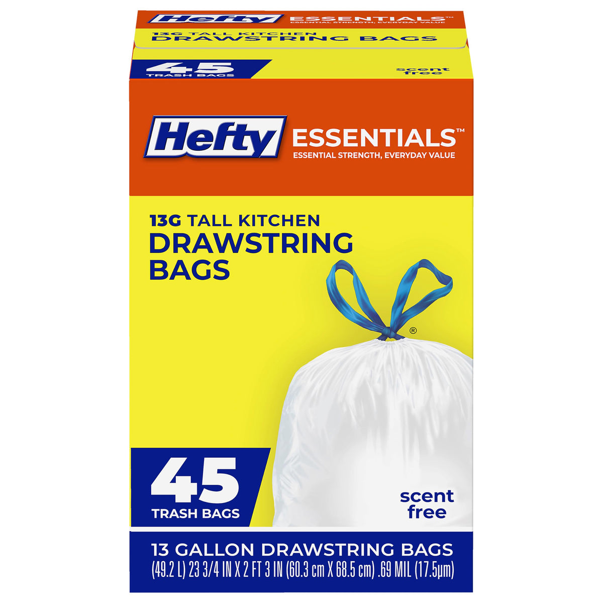 Hefty Essentials Drawstring 13 Gallon Kitchen Trash Bags, 45 Count, Tall Unscented Trash Bags for Kitchens, Home Offices, or Laundry Rooms, Easy to Tie, Lift, and Carry, White