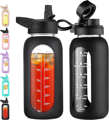 CIVAGO 32 oz Glass Water Bottle with Straw and Handle, Large Sports Motivational Water Bottle Flask with Time Marker and 2 Lids