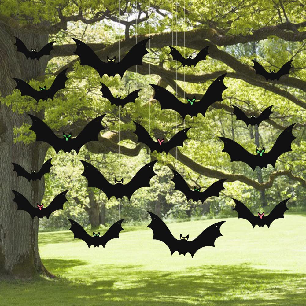 (18 Pcs) Hanging Bats Halloween Decoration Outside, Large Flying Plastic Bats Outdoor Decor, 3 Different Sizes with Cute Eye Stickers for Hanging in