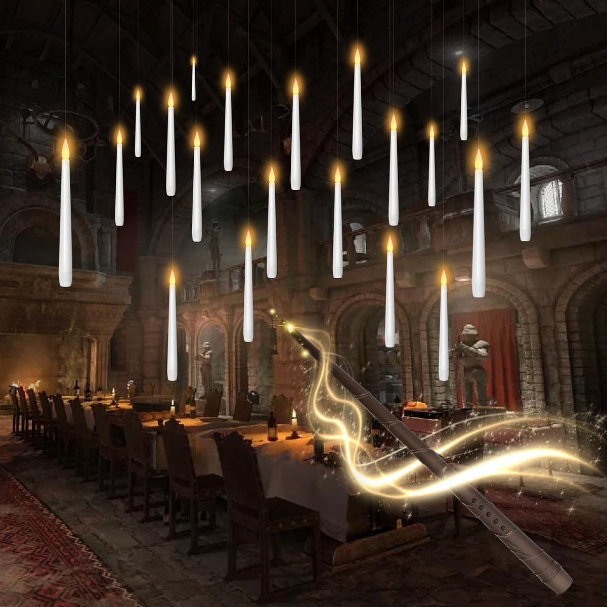 kakoya Flameless Floating Candles with Wand，20 Pcs Magic LED Hanging Taper Candles，Flickering Battery Operated Taper Candle with Wand Remote for