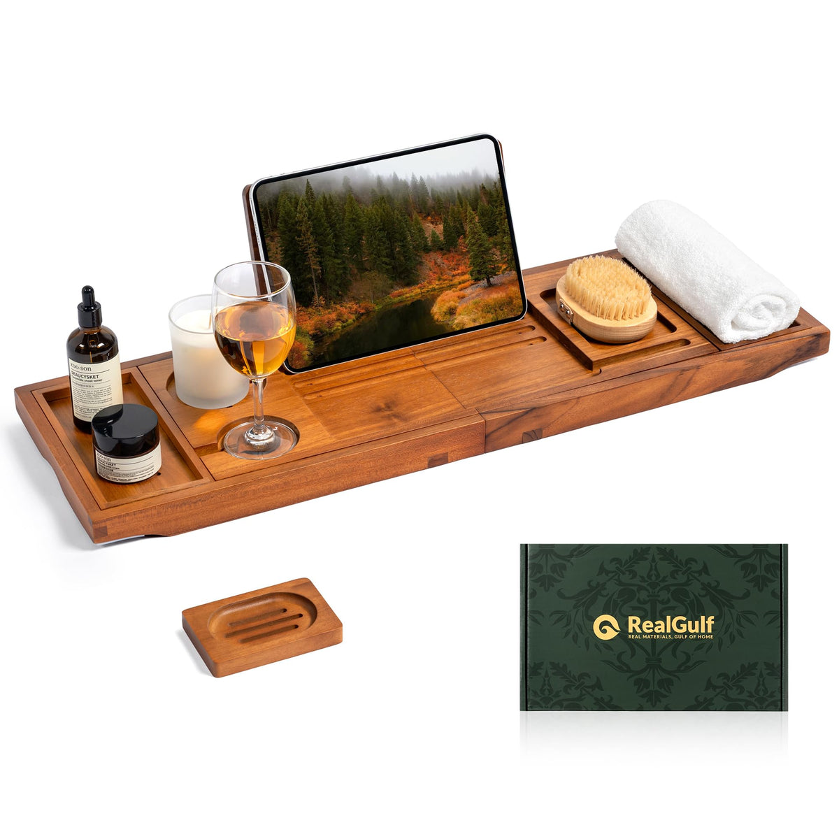 Teak Bathtub Tray, Bath Caddy with Wine Glass Holder, Phone Dock & Book Stand | Hands-Free Reading & Ultimate Spa Relaxation Experience-Natural