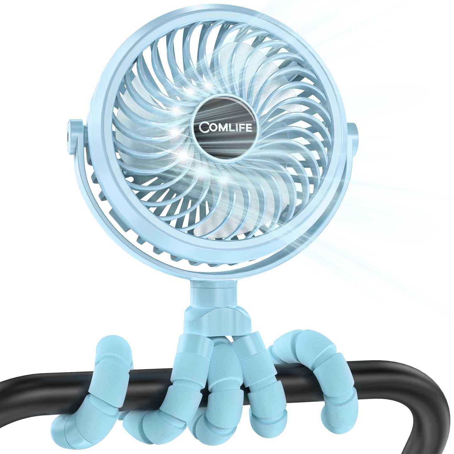 COMLIFE Baby Stroller Fan With Light, Rechargeable Battery Operated, Max 10Hrs Cooling, 3 Speeds, 360° Rotate USB Desk Fan, Flexible Tripod Clip On Fan for Stroller Car Seat Crib Treadmill Golf Cart