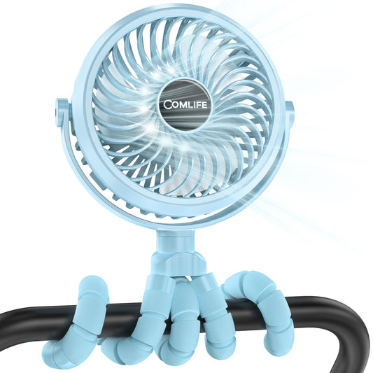 COMLIFE Baby Stroller Fan With Light, Rechargeable Battery Operated, Max 10Hrs Cooling, 3 Speeds, 360° Rotate USB Desk Fan, Flexible Tripod Clip On Fan for Stroller Car Seat Crib Treadmill Golf Cart