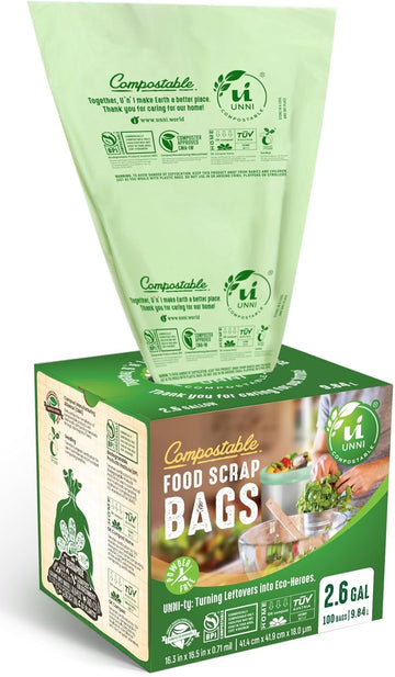 UNNI Compostable Trash Bags, 2.6 Gallon / 9.84 Liter, 100 Count, Extra Thick 0.71 Mil Small Kitchen Food Scrap Bin Liners, Certified by Bpi