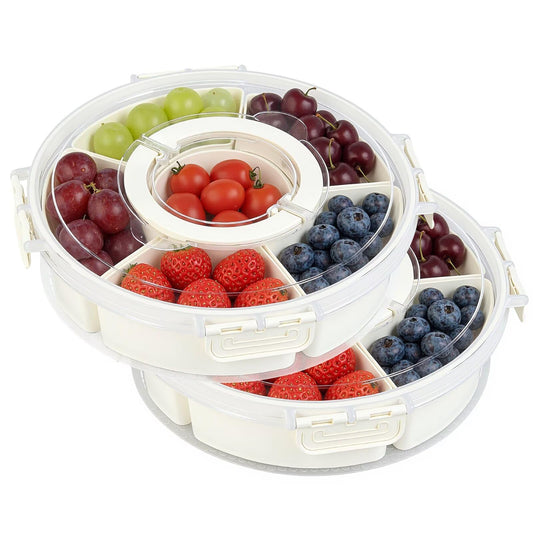 2 Packs Divided Serving Tray with Lid and Handle, Portable Round Snackle Box Container with 6 Compartments, Snack Bento Box for Party, Picnic, Travel, Beige