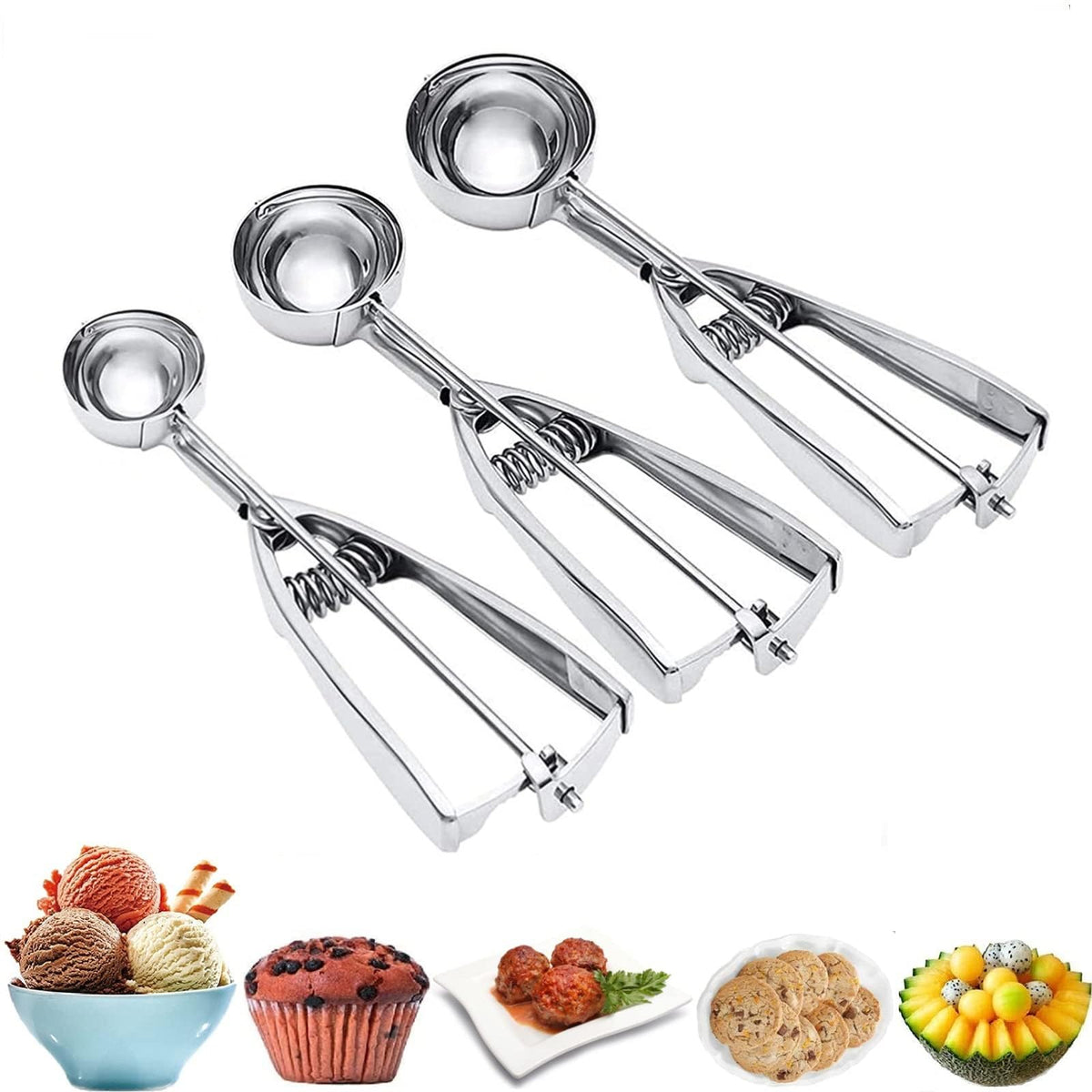 Ice Cream Scoop, 3Pcs Cookie Scoop Set, Stainless Steel Ice Cream Scooper with Trigger Release, Large/Medium/Small Cookie Scooper for Baking, Cookie Scoops for Baking Set of 3 with Cookie Dough Scoop…