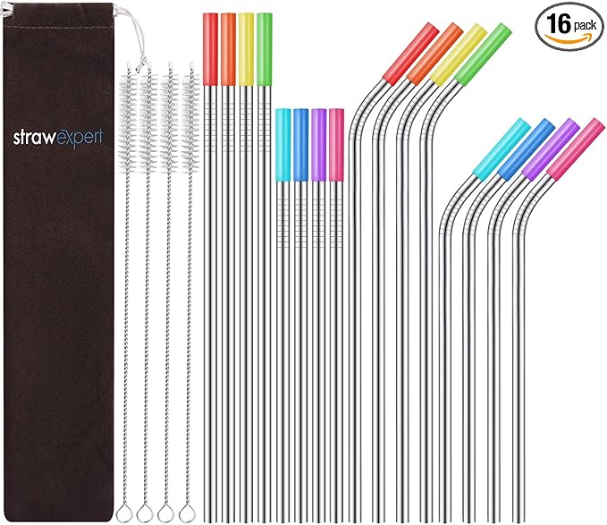 Set of 16 Reusable Stainless Steel Straws with Travel Case Cleaning Brush Silicone Tips Eco Friendly Extra Long Metal Straws Drinking for 20 24 30 oz Tumbler