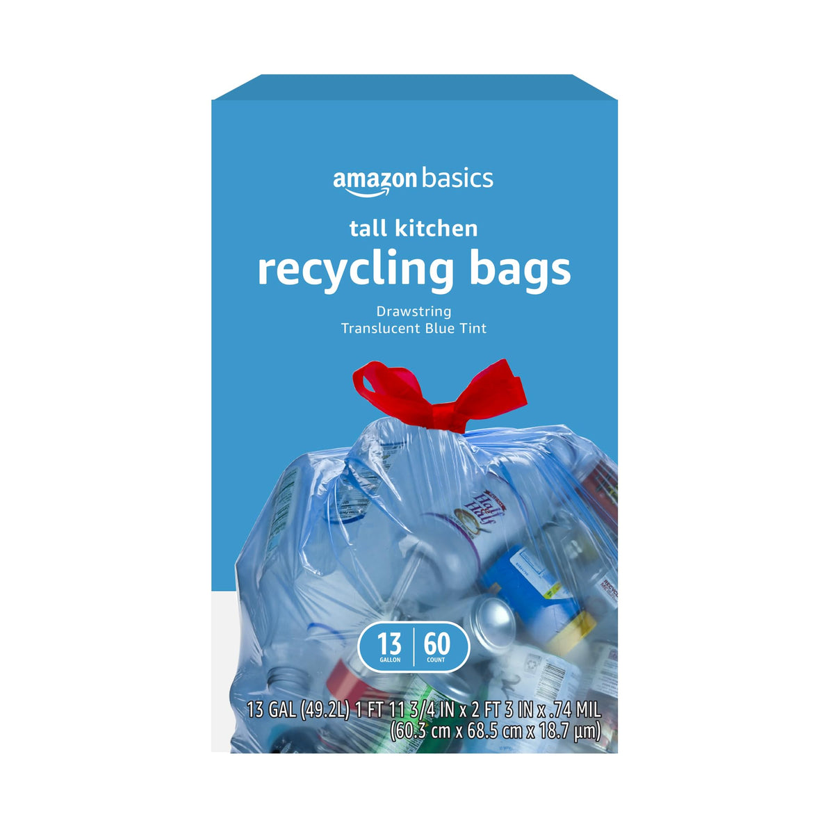 Basics Blue Recycling Drawstring Trash Bags, Tall Kitchen, Unscented, 13 Gallon, 60 Count