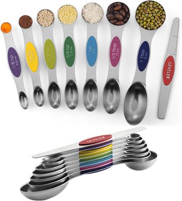 ChefAide Pack of 8 Stainless Steel Magnetic Measuring Spoons Set, Dual Sided, Stackable, Adjustable Teaspoon and Tablespoon Measure Spoon
