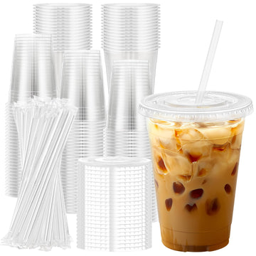 Lamosi 100 Pack 16 oz Clear Plastic Cups with Lids and Straws, Disposable Plastic Coffee Cups with Lids for Iced Coffee, Cold Beverages