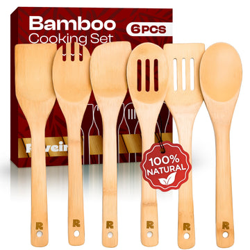 Riveira Bamboo Cooking Spoons 6-Piece – Wooden Cooking Utensils Set with Wooden Spoons for Cooking & Spatulas Wooden Utensil Sets