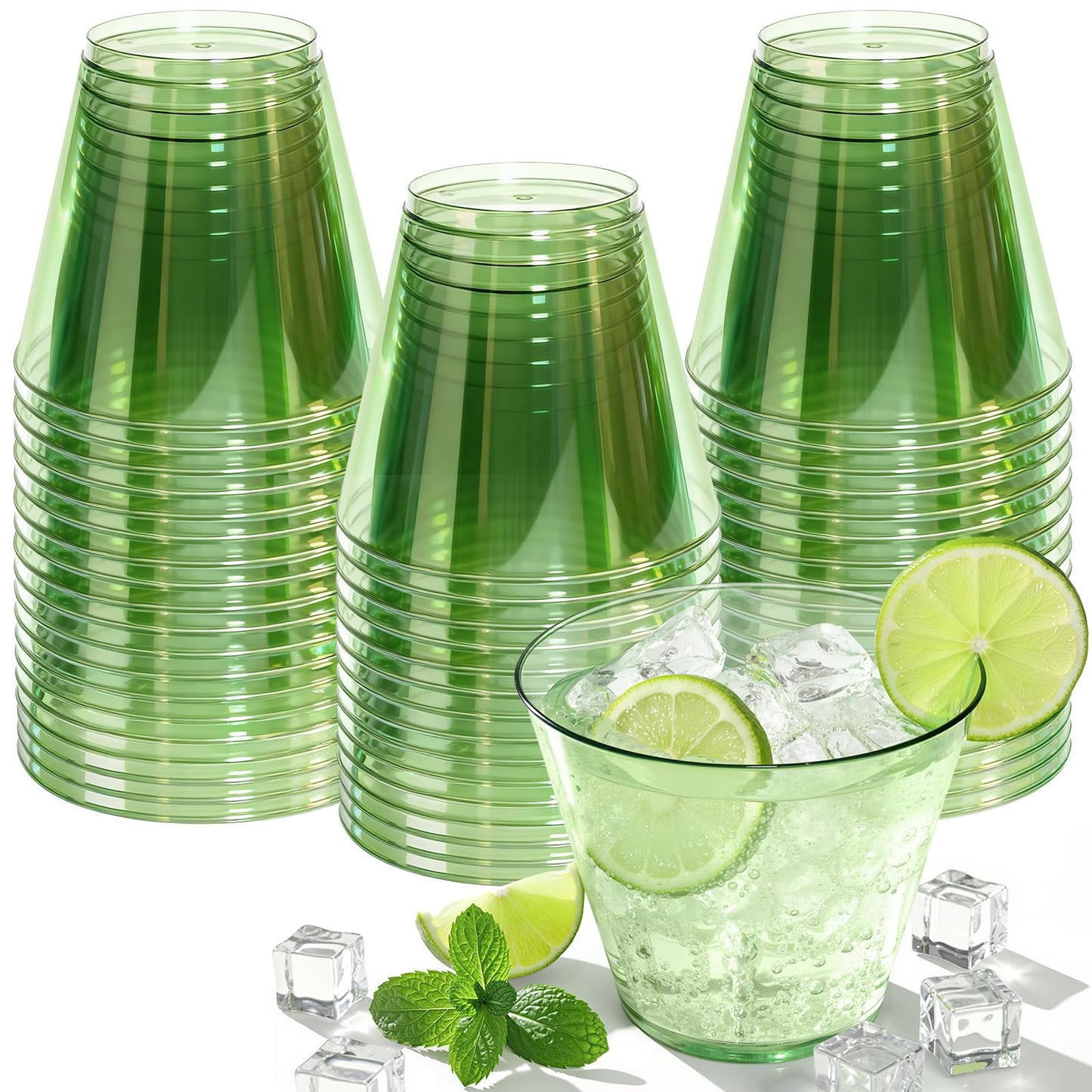 9 oz Clear Plastic Cups Green Plastic Disposable Cups for Cocktail 50 Pack Fancy Cocktail Cup for Party Stemless Wine Glasses for Wedding Graduation Birthday