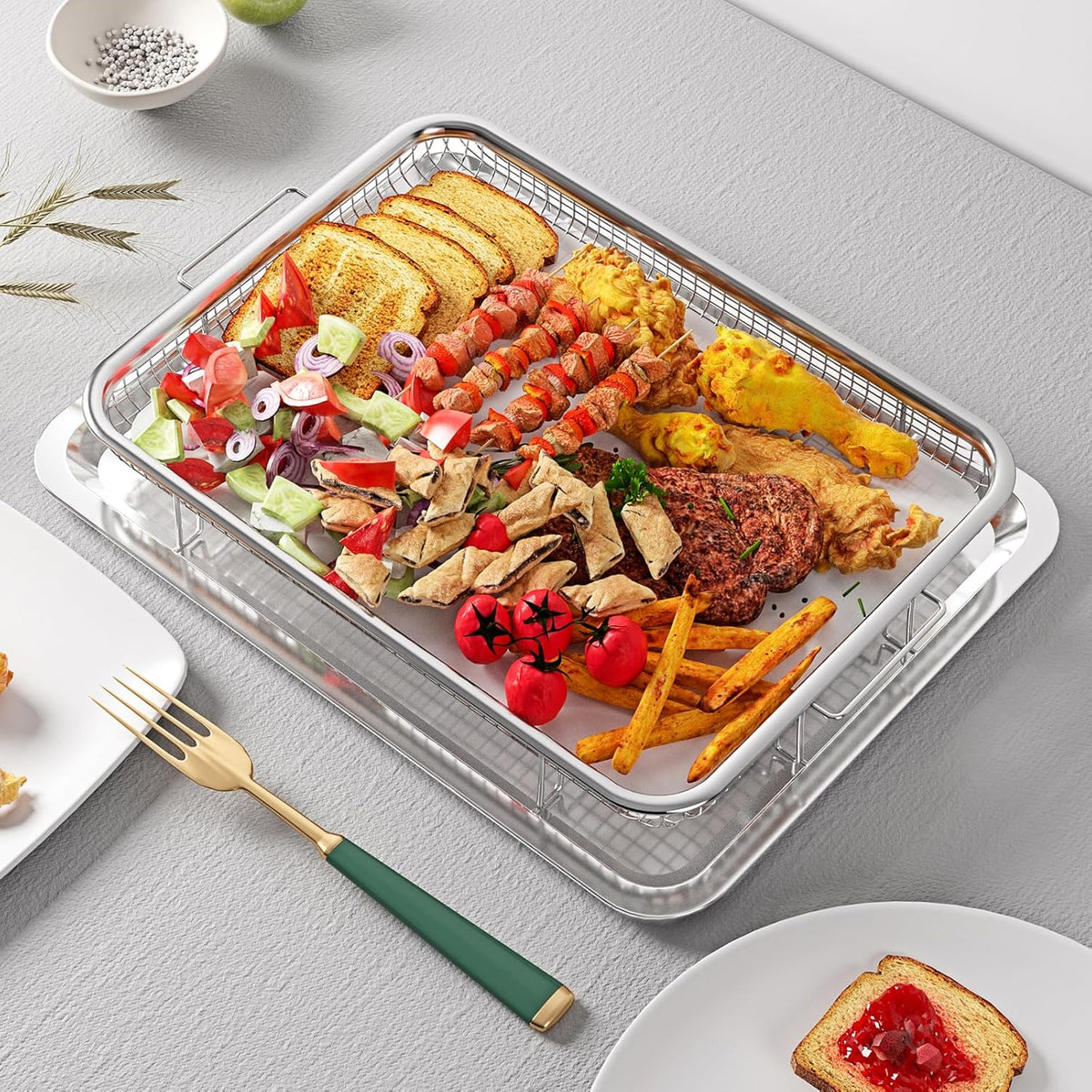 Air Fryer Basket for Oven, OPENICE 15.3" x 11.0" Large Air Fryer Tray and Pan with 30PCS Parchment Papers, Stainless Steel Oven Air Fryer Basket and Tray for Baking Grilling