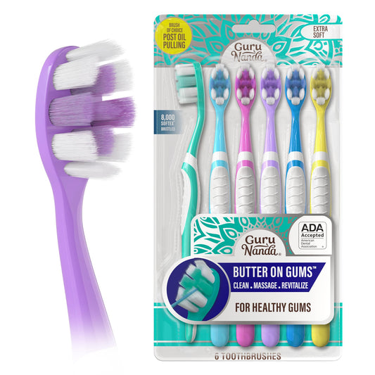GuruNanda Butter On Gums Toothbrush, ADA Accepted Manual Toothbrushes with 8000+ Ultra Soft Softex Bristles for Sensitive & Receding Gums, Perfect for Whiter Teeth, Assorted Colors, 6 Ct