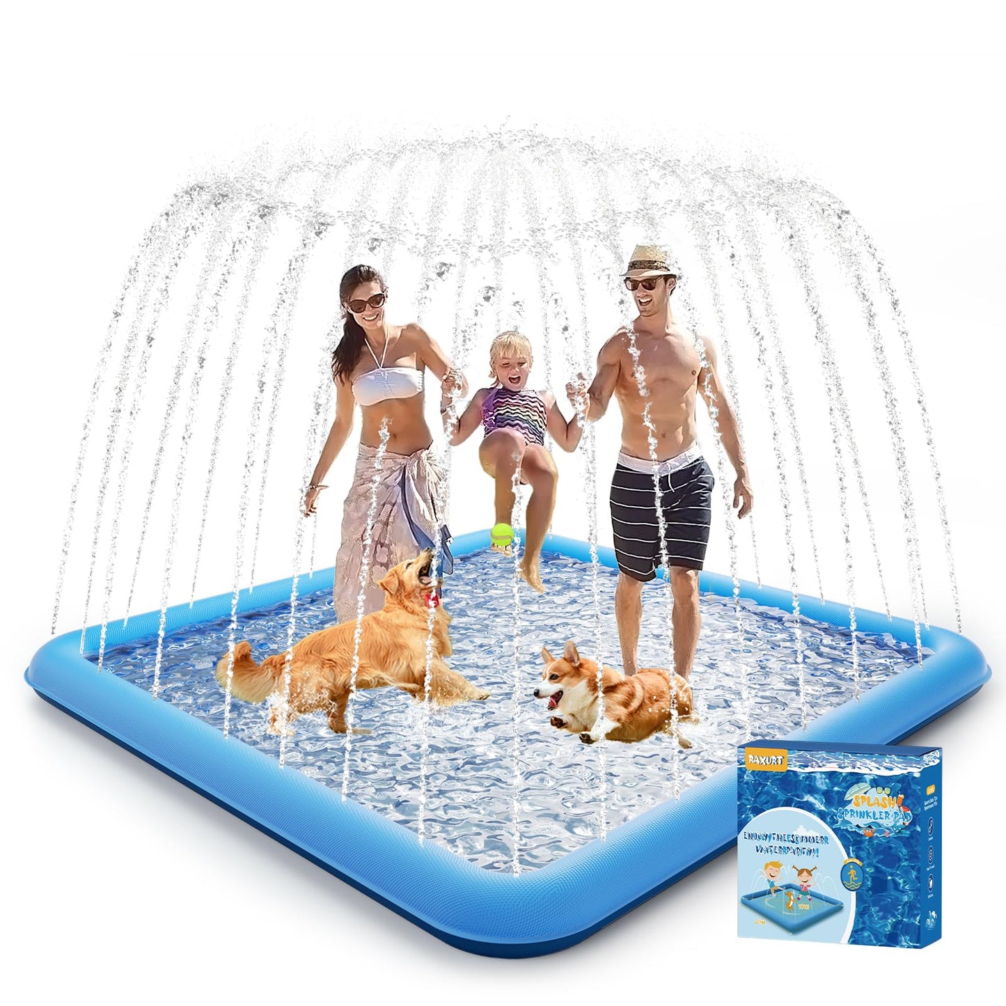Raxurt Splash Pad, 107"- 80" Non-Slip Splash Pad for Kids and Dogs, Thickened Durable Square Dog Pool with Sprinkler Summer Outdoor Water Toys for Toddler Girls Boys Children Pet (Blue)