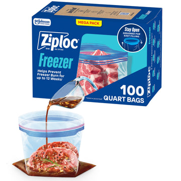 Ziploc Quart Food Storage Freezer Bags, Stand-Up Bottom, Easy to Fill, 100 Count