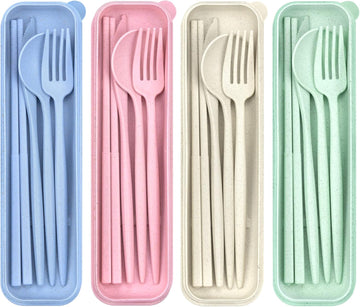 4 Sets Travel Utensils with Case, Cutlery Set Chopsticks Fork Spoon Knife with Case, Reusable Plastic Utensils Sets for Lunch Box Accessories