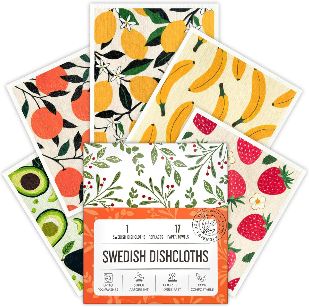 Augine Swedish Dishcloths for Kitchen, Swedish Dish Cloths 5 Pack, Super Absorbent Reusable Paper Towels Washable, Biodegradable, Quick Drying