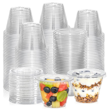 AOZITA [50 Sets, 9 oz Clear Plastic Cups With Flat Lids No Hole, Disposable Cups With Lids for Ice Cream, Pudding, Cake, Snacks Smoothie, Milkshake